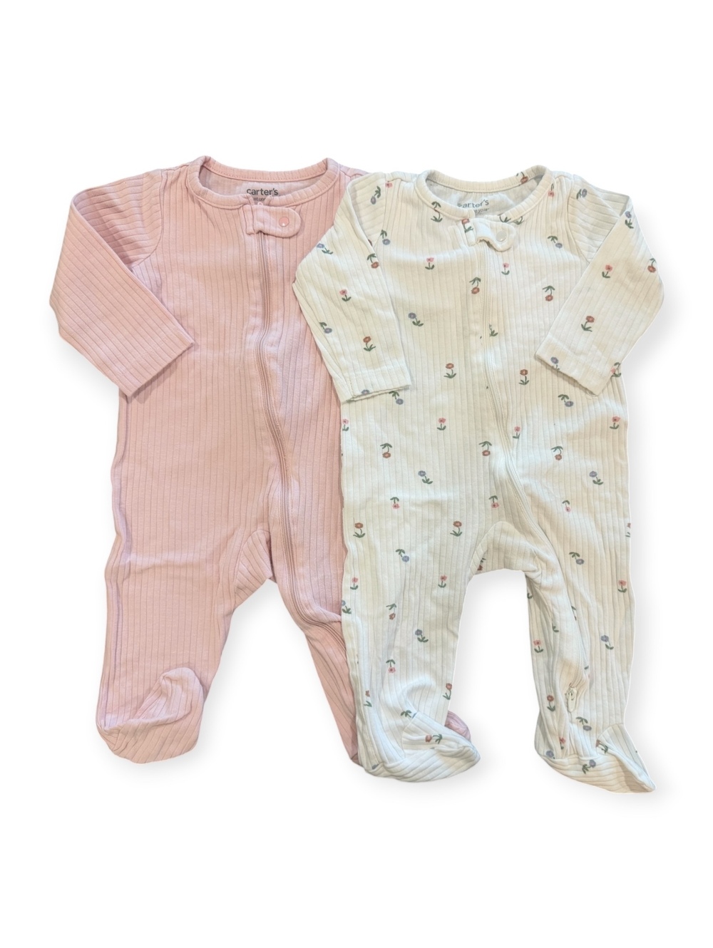 Carter's Baby Girl 6M Footed Sleepers - Pink Ribbed & White Floral Print